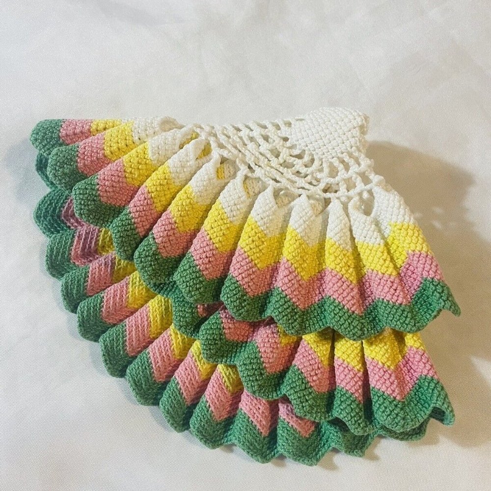 Handmade Crocheted Doily Pink Green Yellow White Ruffled 11” Vintage